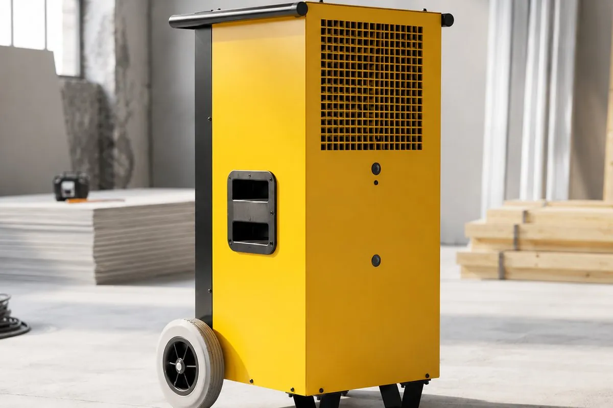 Droogpro DP 400 bouwdroger te huur op een werf naast gipsplaten en houten balken