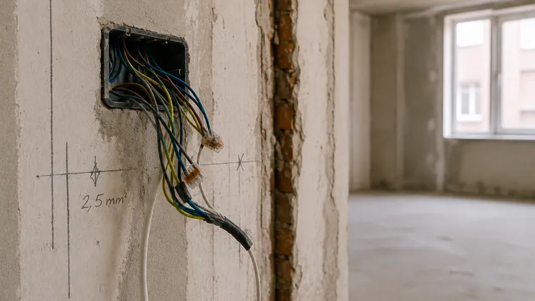 Elektriciteitskabels uit een muur op een werf