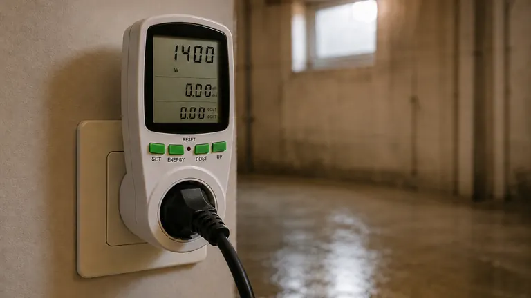 Energiemeter bouwdroger toont 1400 watt in een kelder met natte vloer