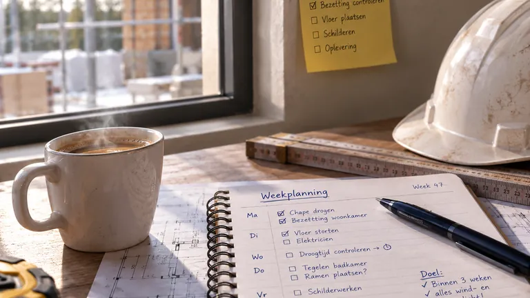 Weekplanning met bouwhelm en notitieboek op een werf