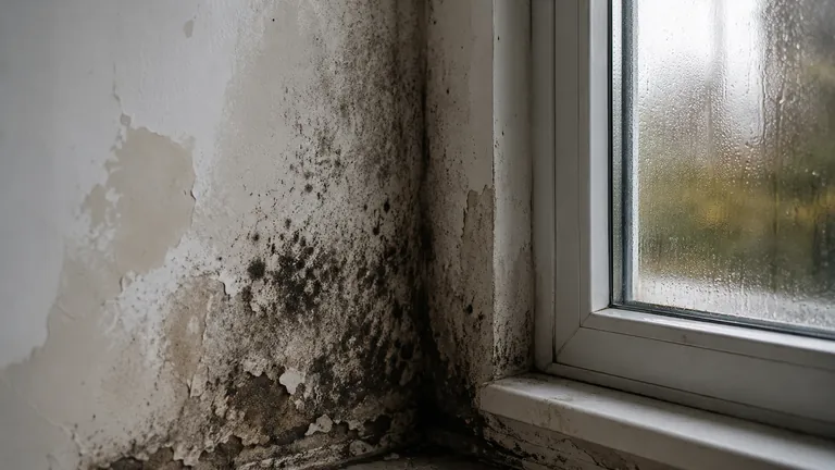 Zwarte schimmel op een vochtige muur naast een raam
